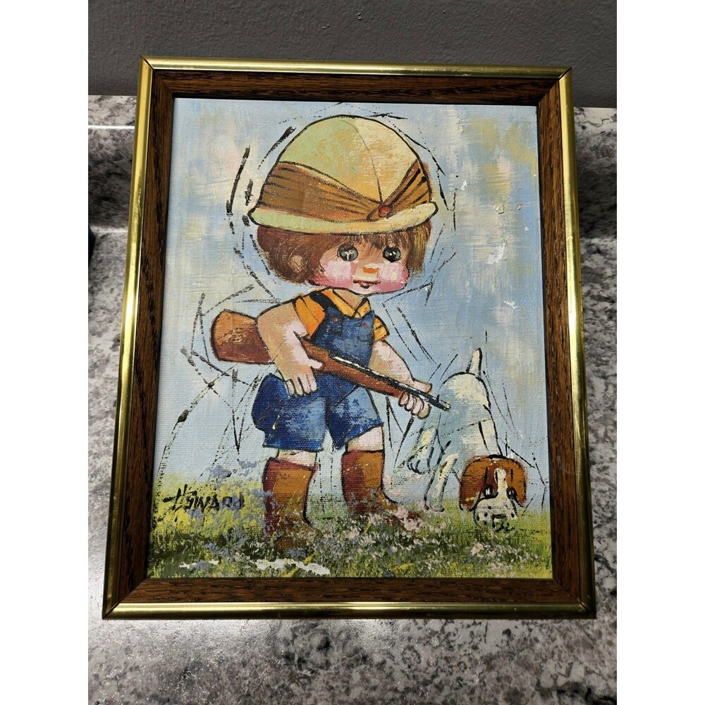 Vintage Big Eyed Boy Painting Signed Howard Mid Century Kitsch Hunter Dog Helmet